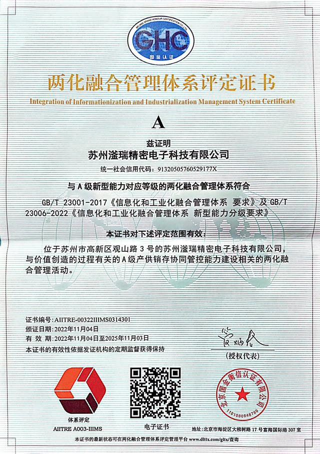 兩化融合管理體系評定證書